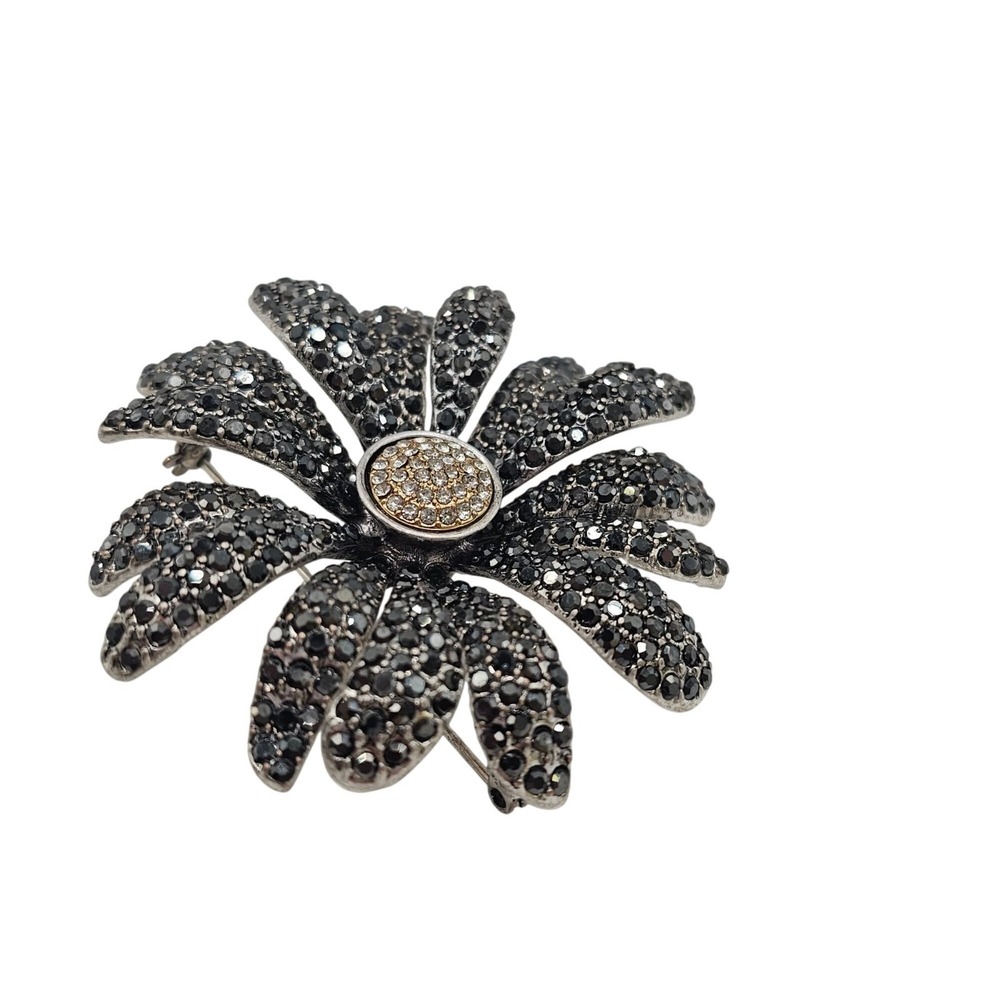 Floral‎ Rhinestone Brooch Pin Dark Silver Tone Daisy Statement 2.75" Sparkle - Picture 9 of 13